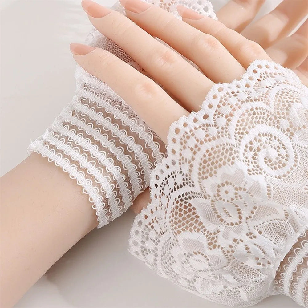 1 Pair Versatile Elegant Fake Cuffs Embroidery Pattern Detachable Lace Sleeves Solid Color Thin False Cuffs For Women