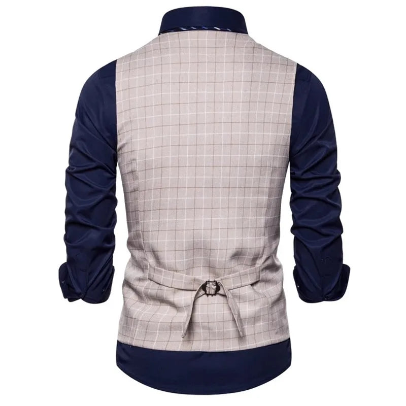 New Men Business Social Checkered Suit Vest Loose Top Homme Wedding Ball Party Dress Waistcoat