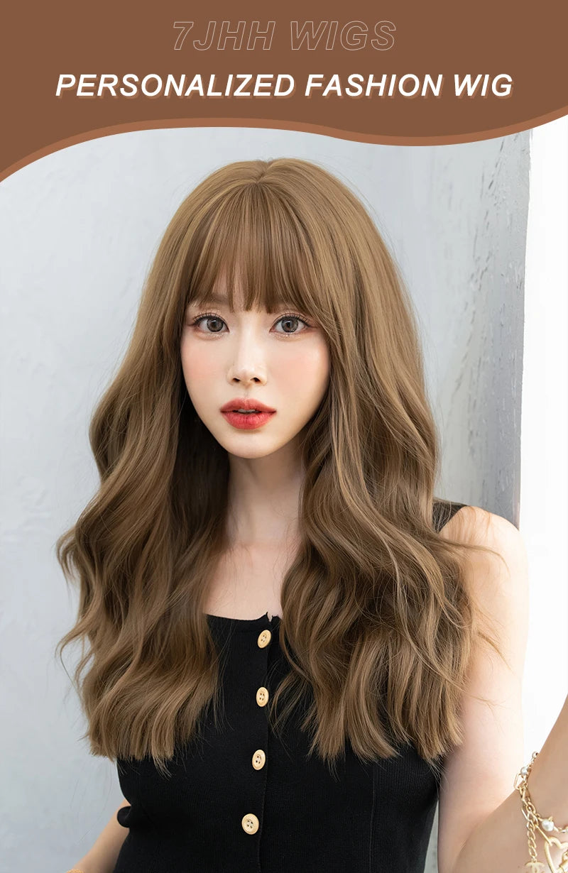 7JHH WIGS Body Wavy Wig Long Loose Curly Brown Wig for Women Daily Use High Density Synthetic Layered Hair Wigs with Bangs