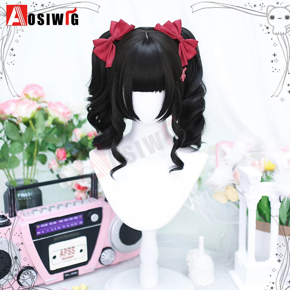 AOSI Synthetic Long Curly Wig Double Ponytail Cute Lolita Women Wigs Halloween Cosplay Style Blonde Brown Party Wig