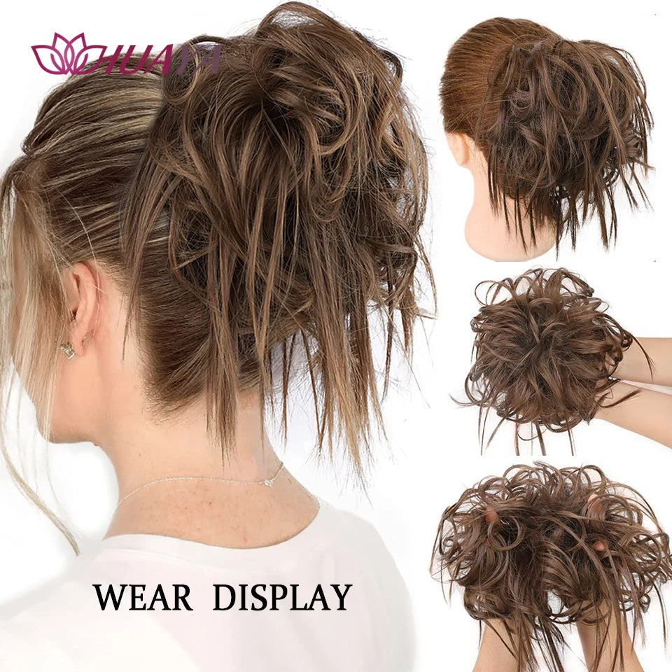 HUAYA Synthetic Chignon Donut Messy Hair Bun Hairpiece Elastic Hair Scrunchies Fake Hair Pieces For Women Black Brown Gold
