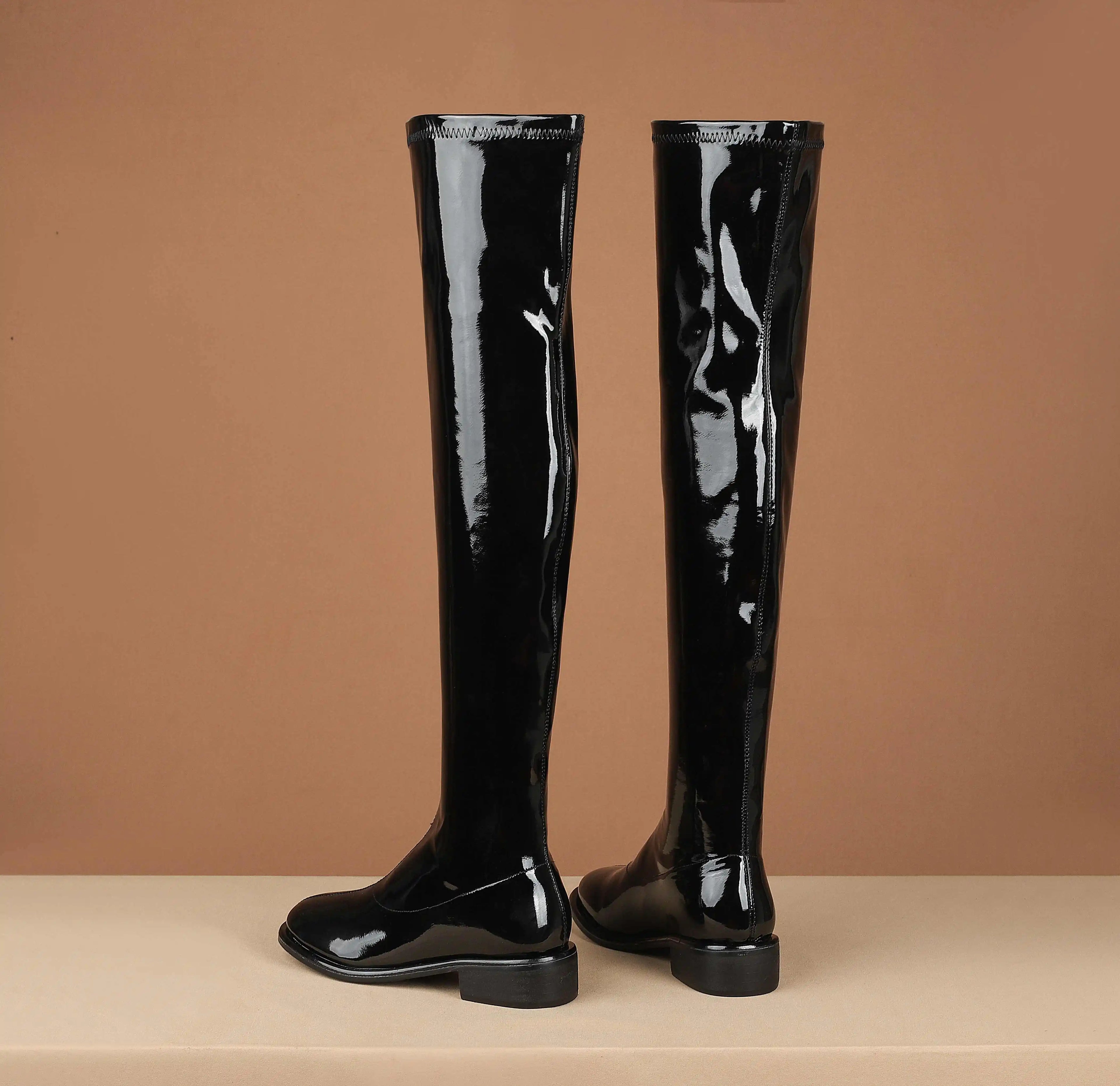 Krazing Pot Large Size 43 44 45 Microfiber Round Toe Chunky Med Heel Stretch Boots Winter Shoe Brand Fashion Over-the-knee Boots