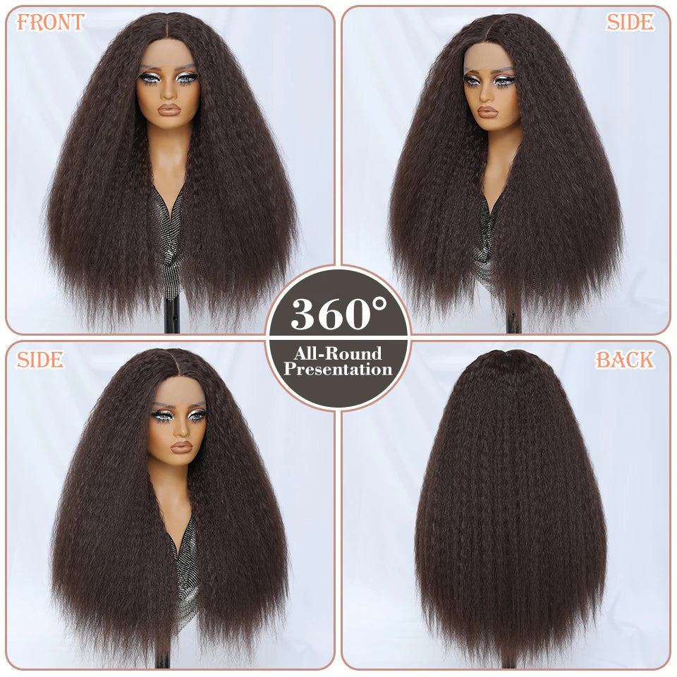 Kinky Straight Lace Front Wig T-Part 28Inch Synthetic 13x5x1 Long Lace Wigs Afro Yaki Straight Wigs Ombre Brown For Black Women