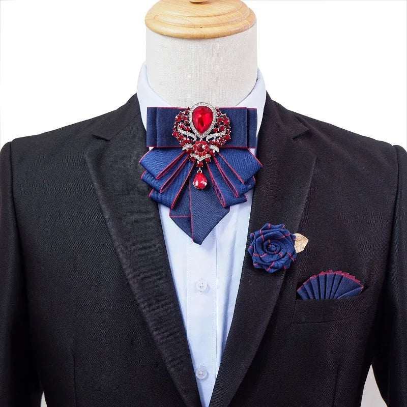 Vintage British Banquet Suit Shirt Collar Flowers Luxury French Men's Jewelry Bow Chest Clip 3-piece Set Wedding Bows Brooch Set