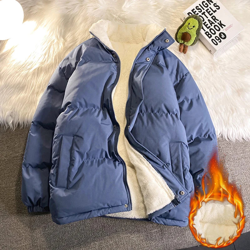 Warm Fleece Winter Lined Puffer Jackets Men Thick Parkas Casual Man Padded Down Outwear Zipper Long Sleeve Outdoor Couple Coat