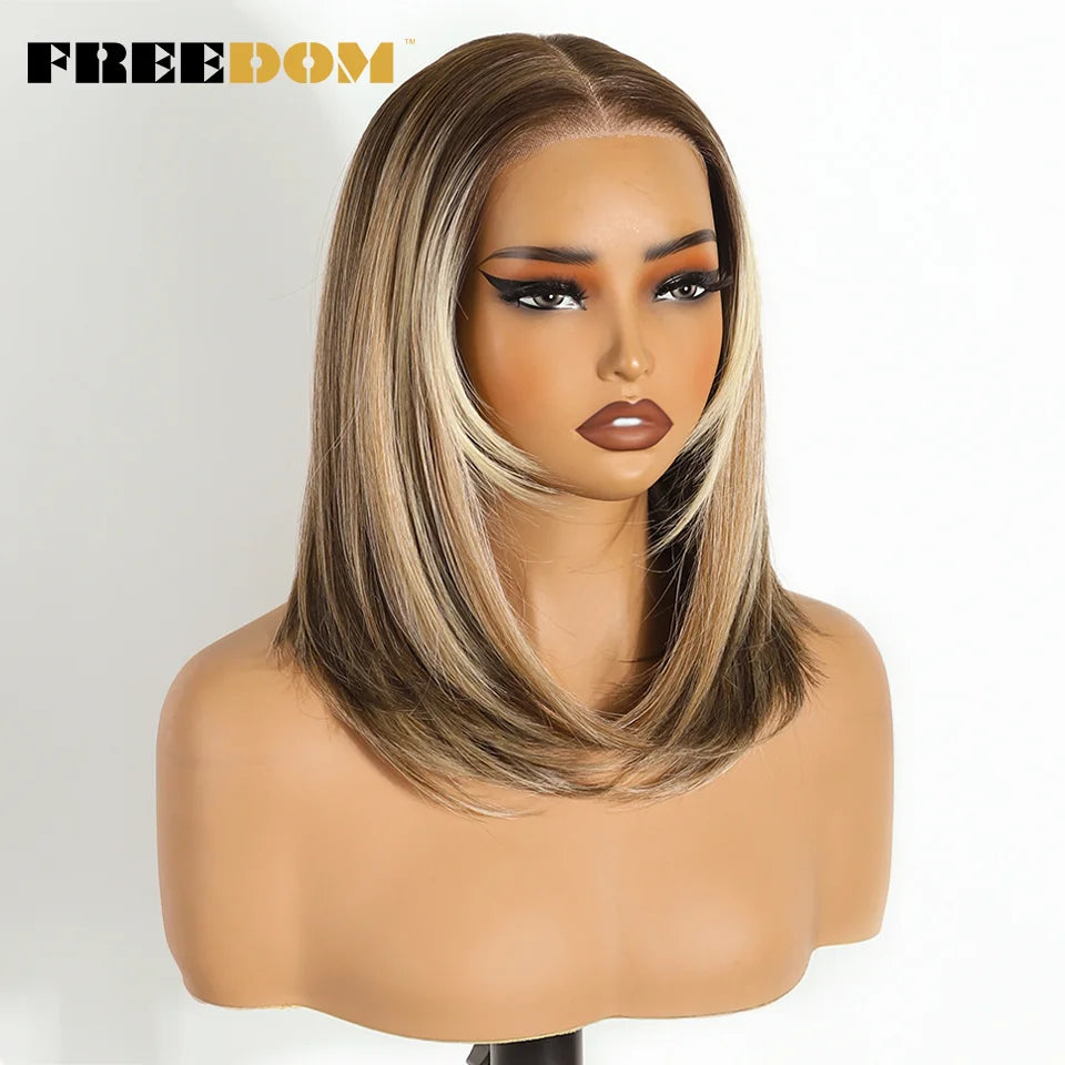 FREEDOM Layered Straight Synthetic Lace Front Wigs For Women Short Bob 6x4 Wear And Go Glueless Wig Ombre Brown Pre Plucked Wigs