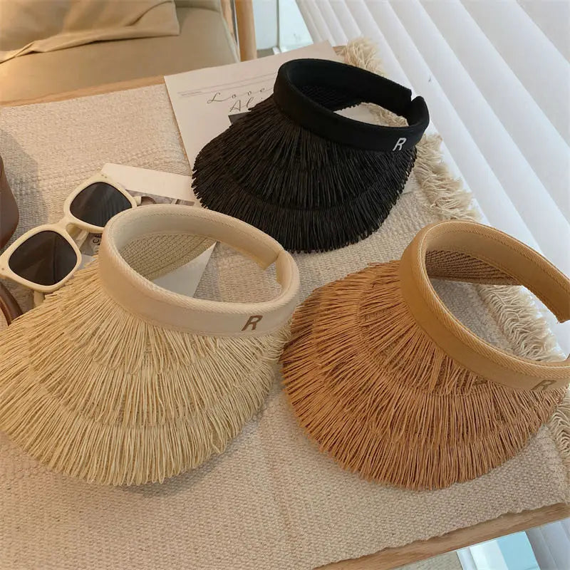 2025 New summer empty top women's straw braid fringe sunhat is a sunhat with sunblock UV beach holiday