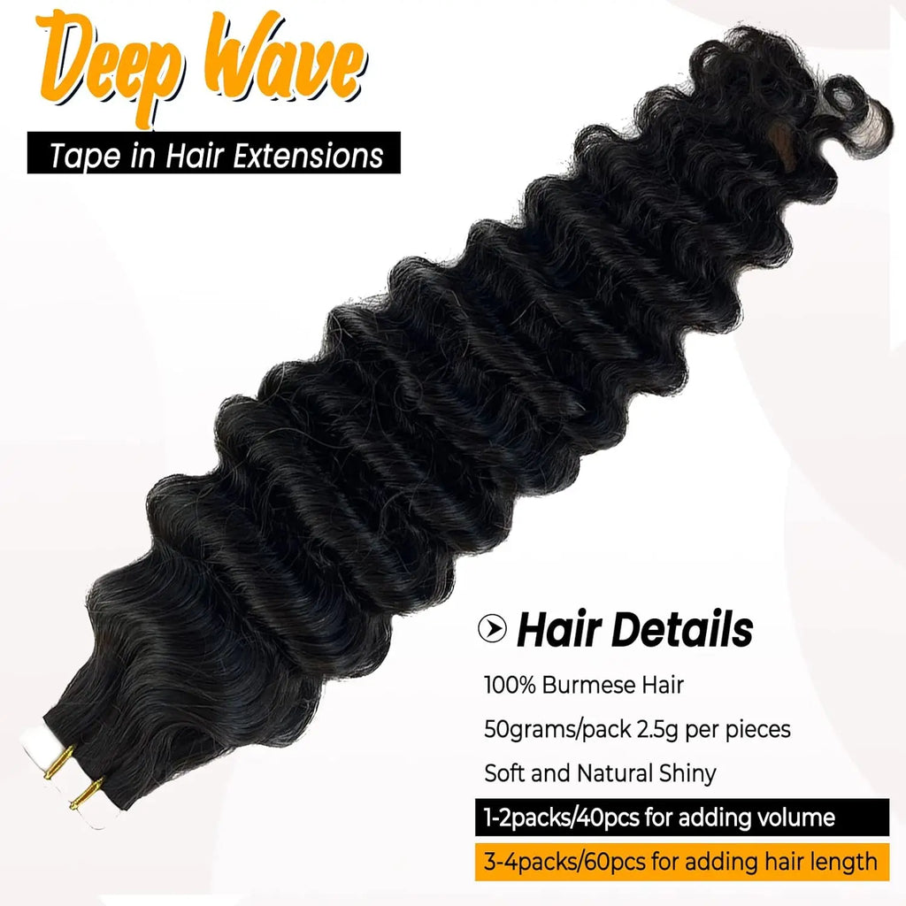 Curly Tape in Hair Extensions Deep Wave Tape in Hair Extensions 100% Human Hair Full Head Skin Adhesive Natural Black 24 26 Inch