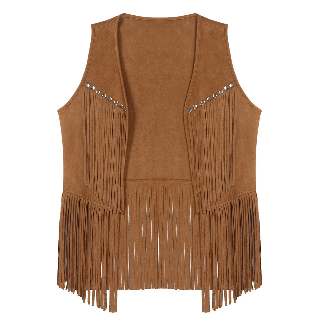 Mens Faux Suede Tassel Vest Coat Punk Western Cowboy Costume Fashion Rivets Fringe Waistcoat Open Front Sleeveless Jacket Tops