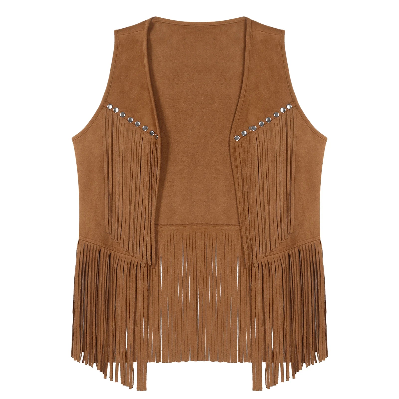 Mens Faux Suede Tassel Vest Coat Punk Western Cowboy Costume Fashion Rivets Fringe Waistcoat Open Front Sleeveless Jacket Tops