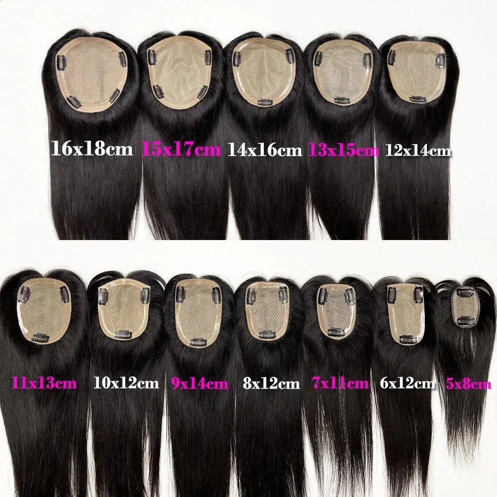 5 Sizes Silk Base Virgin Human Hair Women Topper Natural Scalp Top Black Color For White Women Small Base Seamless Hairpieces