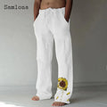 Samlona 2025 Men's Pocket Design Linen Pants Drawstring Loose Trouser Plus Size 3xl Mens Fashion Birds Feather Print Sweatpants