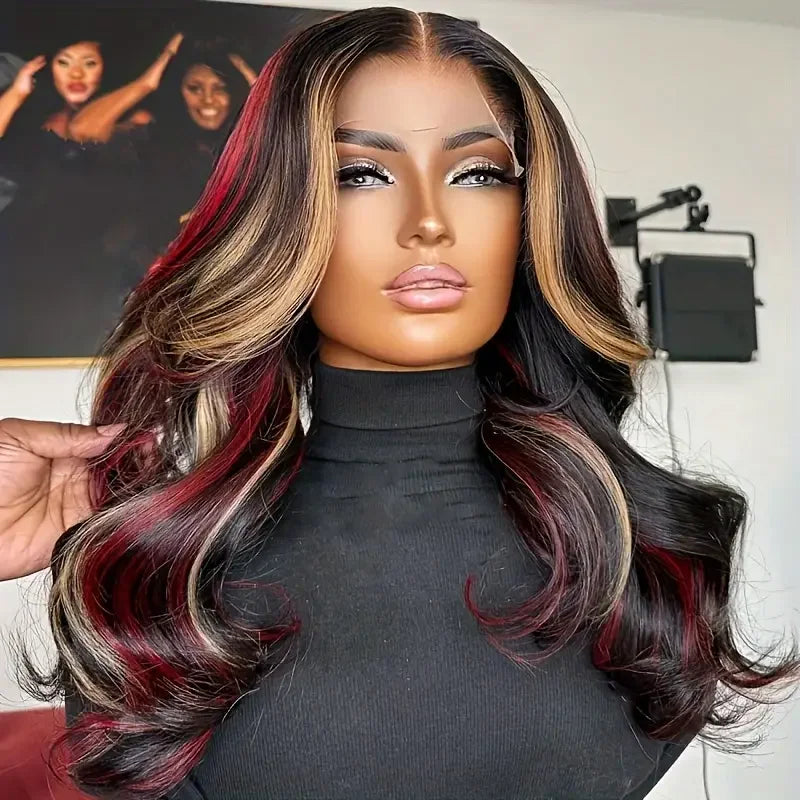 Black With Red Highlight Wig Synthetic Lace Front Wig 13X4 Pre plucked Hairline With BabyHairWomen's Wig with Density Lace Front