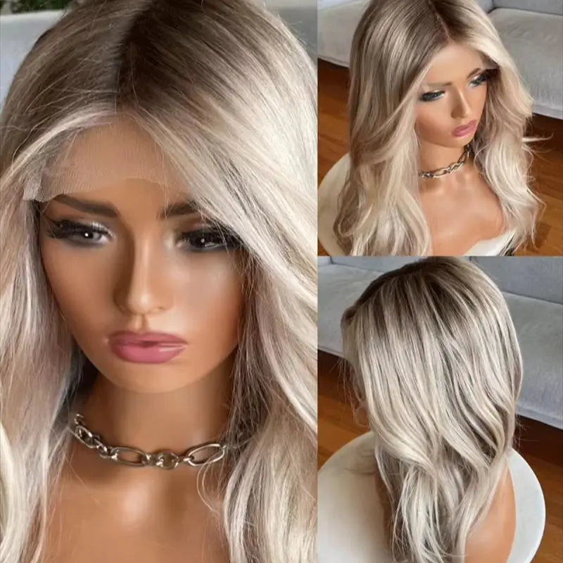 18 Platinum Blonde Dark Root Wavy Synthetic Wig Little Wig Museum Hairloss Alopeica Chemo Wig Cosplay Handmade Wigs Glueless Wig