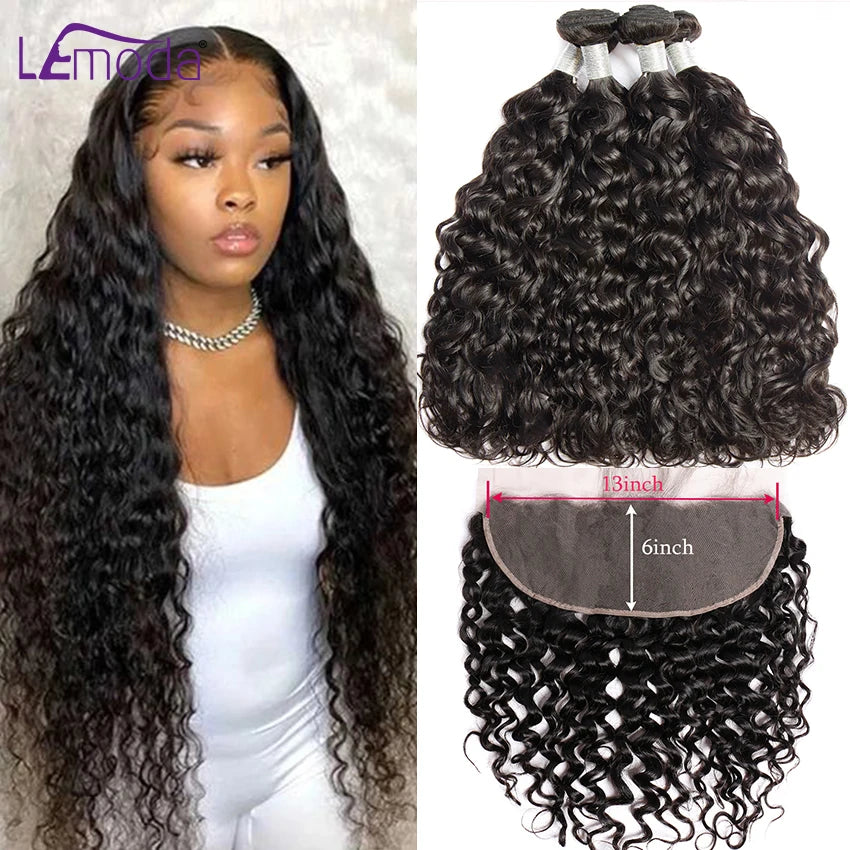 Water Wave Human Hair Bundles With 13x6 13x4 6x6 5x5 HD Transparent Lace Frontal Closure Brazilian Deep Wave Hair Extensions