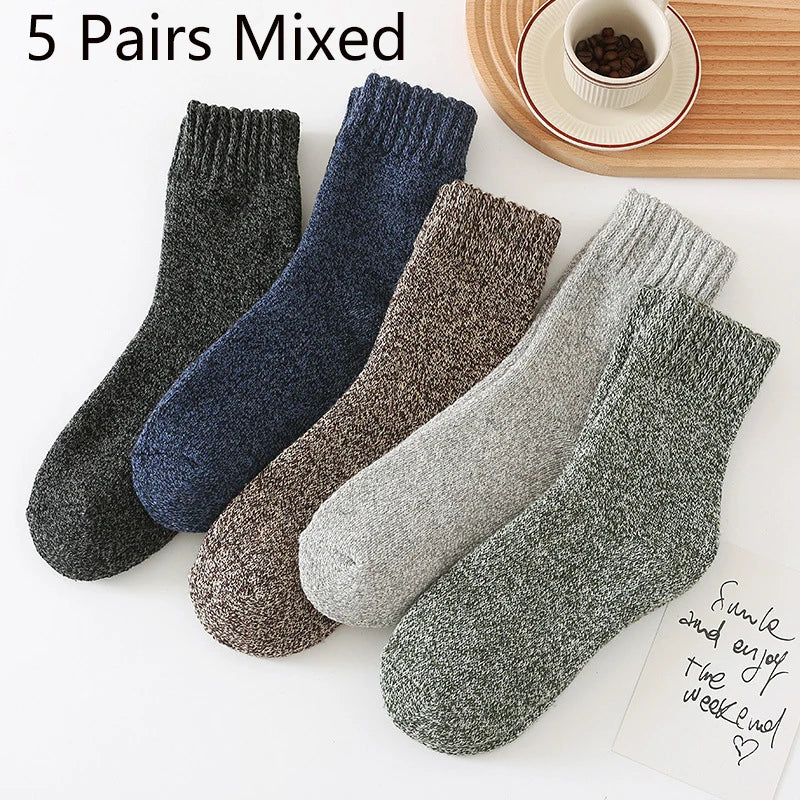5 Pairs Winter Socks Men's Wool Warm Socks Thick Towel Mid-Calf Anti-Cold Snow Boots Socks Retro Solid Color Merino Terry Socks