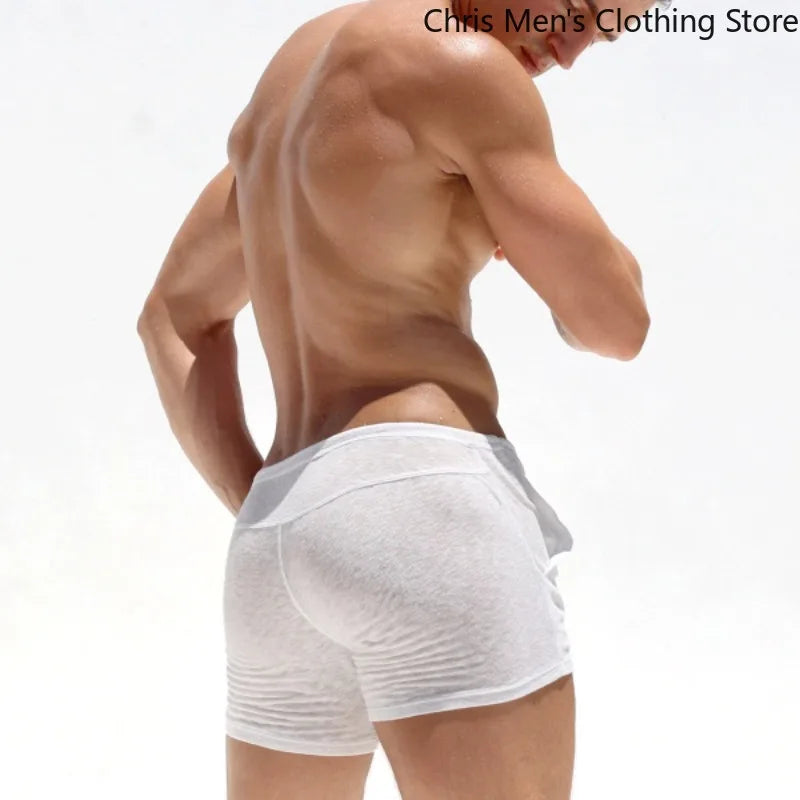 【 Quick Delivery From Stock 】Summer Men's Semi-transparent Sexy Lace-up Shorts Home Casual Comfortable Fitness Shorts Sweatpants