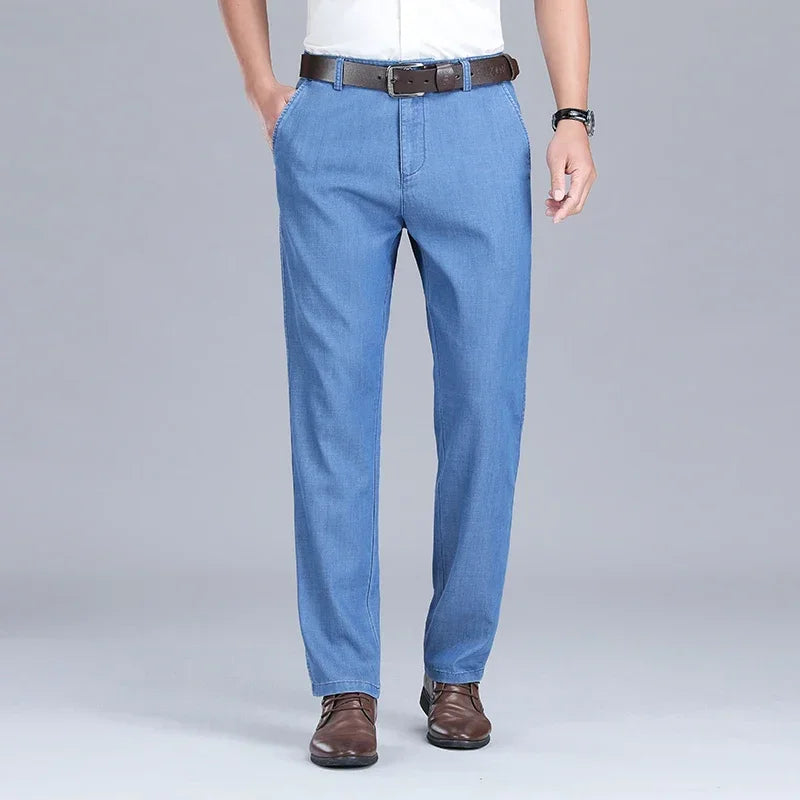2024 New Men's Thin Lyocell Fabric Loose Jeans Light Blue Business Fashion Stretch Denim Trousers Male Clothing Brand Pants