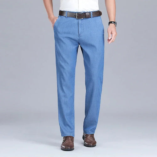 2024 New Men's Thin Lyocell Fabric Loose Jeans Light Blue Business Fashion Stretch Denim Trousers Male Clothing Brand Pants