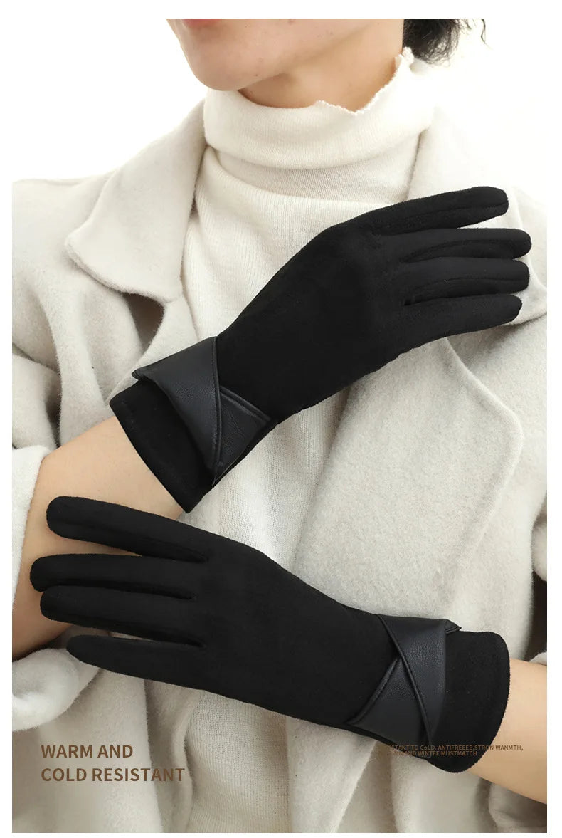 New Suede Gloves for Women Winter Plus Velvet Warm Commercial Style Temperament Bow Touch Screen Riding Driving