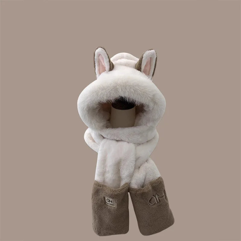 Winter new outdoor fox warm ear protection scarf, furry and fashionable one-piece plush hat