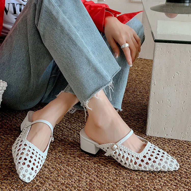NEW Summer Women Mules Fabric Shoes for Women Pointed Toe Chunky Heel Shoes Cover Toe Slingback Shoes Soft Hollow Modern Sandals