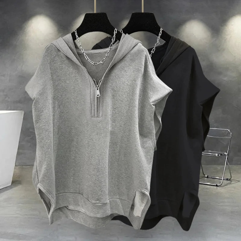 Summer Zipper Hooded Sleeveless T-shirt Men's Korean Fashion Tank Tops 2026 New Y2K Streetwear Casual Vests Hip Hop Tee Shirts