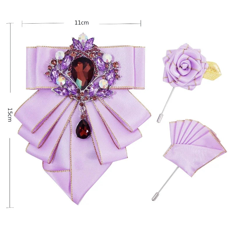 Vintage British Banquet Suit Shirt Collar Flowers Luxury French Men's Jewelry Bow Chest Clip 3-piece Set Wedding Bows Brooch Set