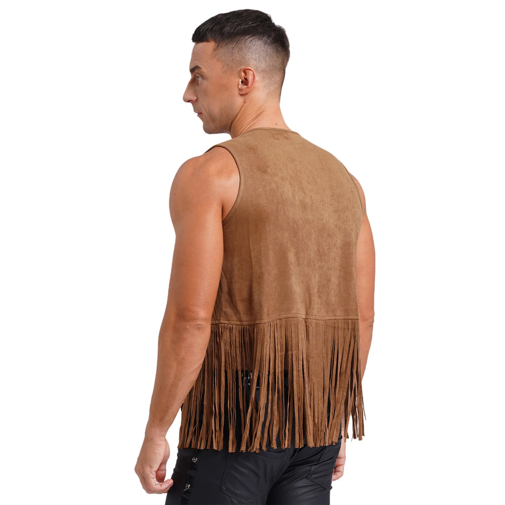Mens Faux Suede Tassel Vest Coat Punk Western Cowboy Costume Fashion Rivets Fringe Waistcoat Open Front Sleeveless Jacket Tops