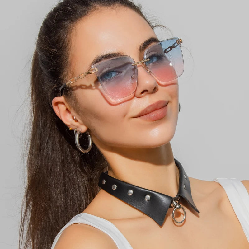 New Sunglasses Women Rimless Cat Eye Eyewear Gradient Brown Cutting Lens Sun Glasses For Female Alloy Eyeglasses Brand Designer