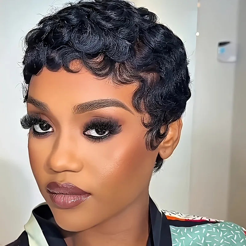Women's Human Hair Pixie Cut Wig full machine made - Short Layered Curly with Bangs, Natural Black 150% Density Rose Net Cap