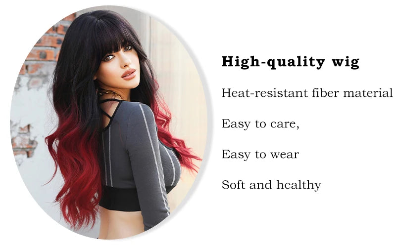NAMM Long Wavy Ombre Black To Red Wig for Women Daily Cosplay Party Synthetic Lavender Hair Wig with Fluffy Bangs Heat Resistant