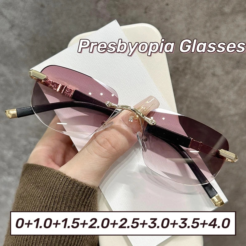 Ultra Light Frameless Diamond Cutting Reading Glasses  Women Men Anti Blue Light Presbyopia Glasses Fashion Sun Shading Glasses
