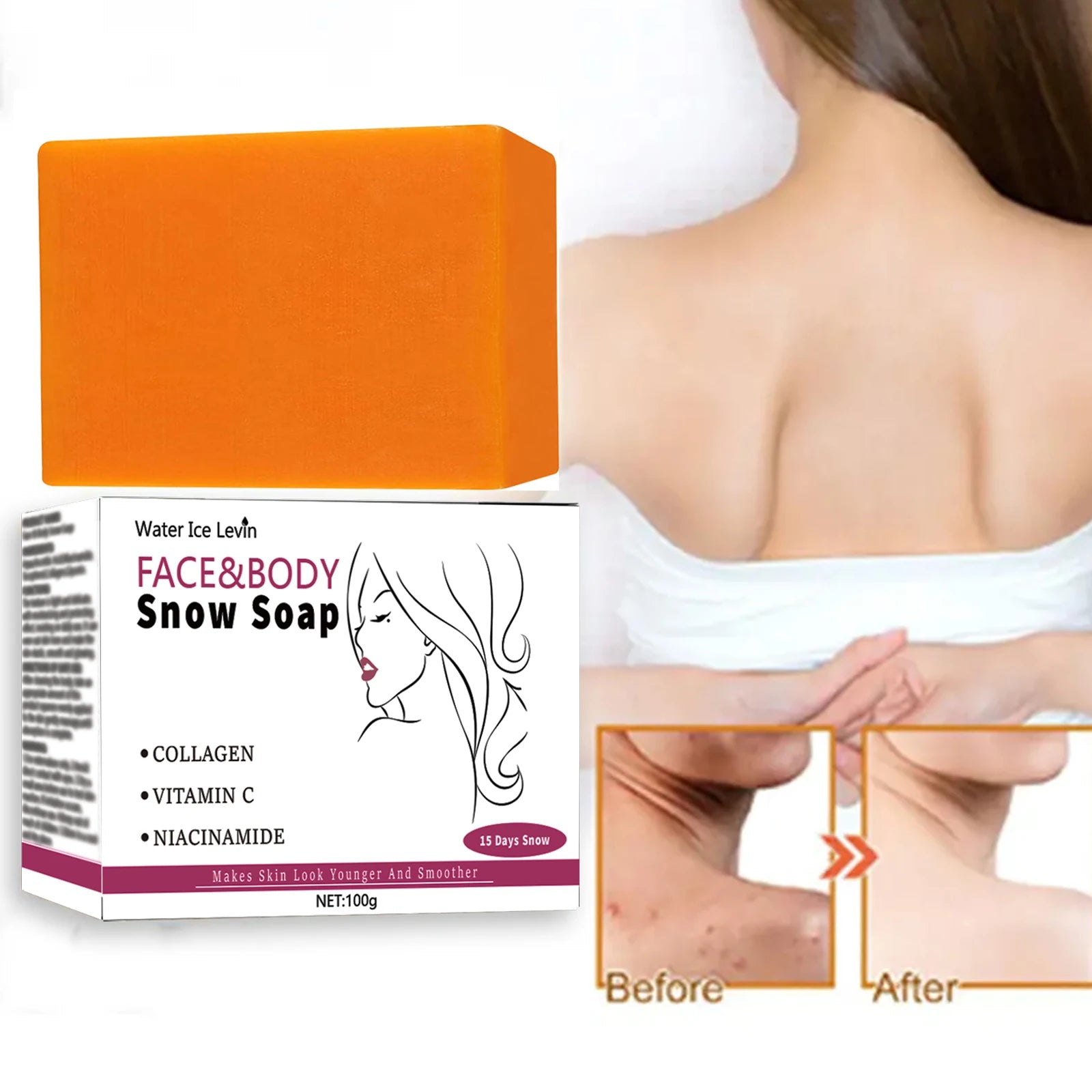 Snow Soap Face Body All Skin Collagen Vitamin C Niacinamide. 43 Day Skin Transformation. Brightens, Softens, Smooths.