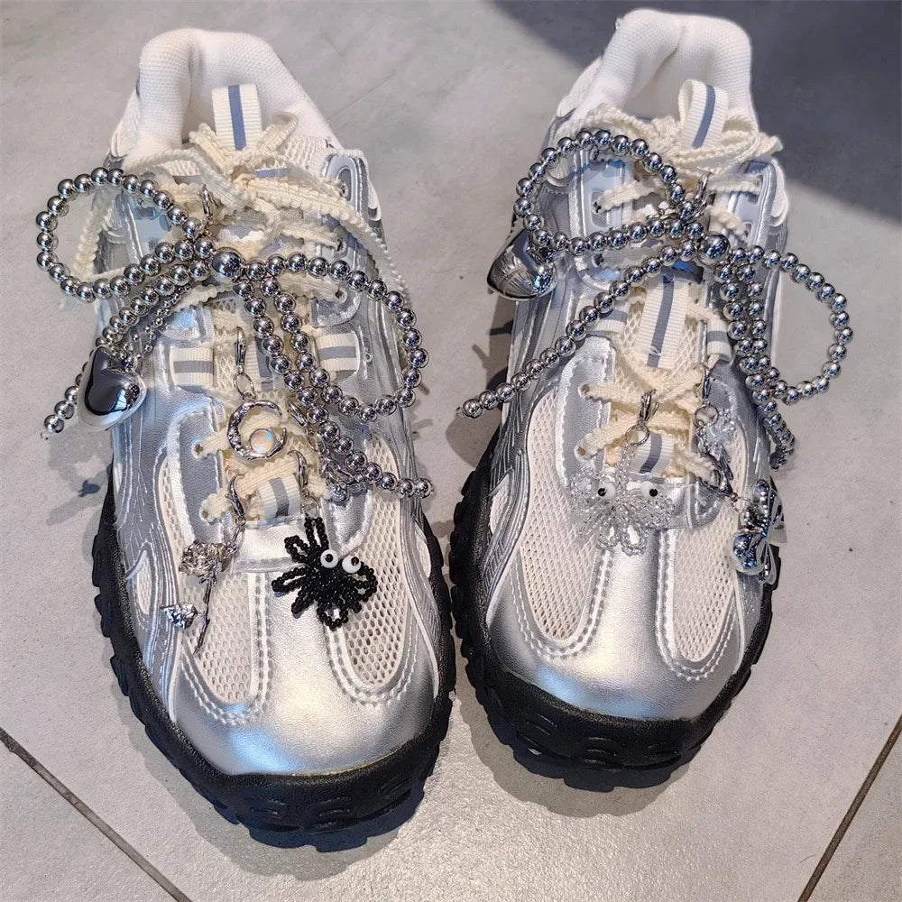 1PCS Fashion Silver Pearl Bow Pendant Gemstone Shoelaces Charms for Sneakers Shoe Decorations Buckle Girl Heart Shoe Charm