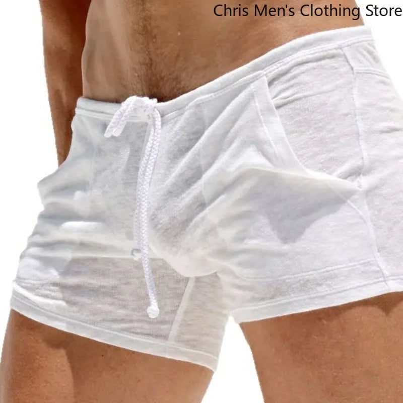 【 Quick Delivery From Stock 】Summer Men's Semi-transparent Sexy Lace-up Shorts Home Casual Comfortable Fitness Shorts Sweatpants