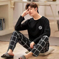 Summer Men's Pyjamas 2024 New Long-Sleeved Large Size Youth Home Wear Suit Black Plaid Trousers Two-Piece Set Can Be Worn Outsid