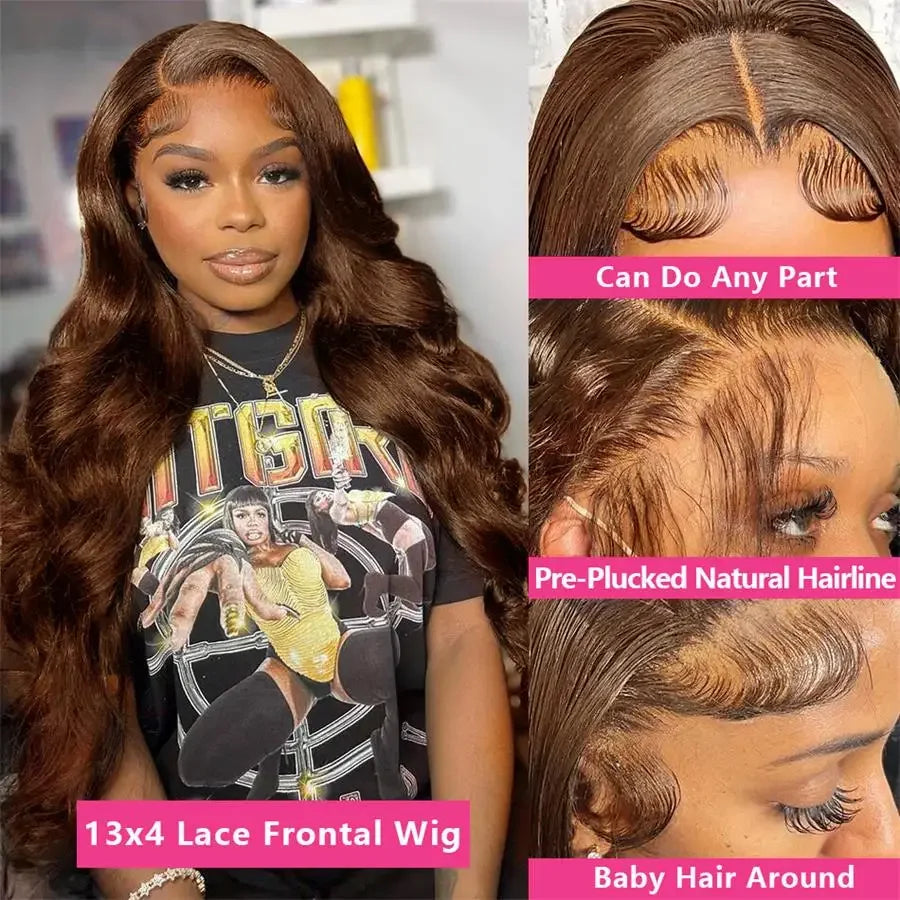 13x6 Chocolate Brown Body Wave Lace Front Wig 360 Full Transparent Lace Frontal Wig Human Hair Preplucked Brazilian Hair