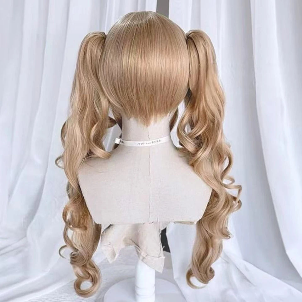 AOSI Synthetic Long Curly Wig Double Ponytail Cute Lolita Women Wigs Halloween Cosplay Style Blonde Brown Party Wig