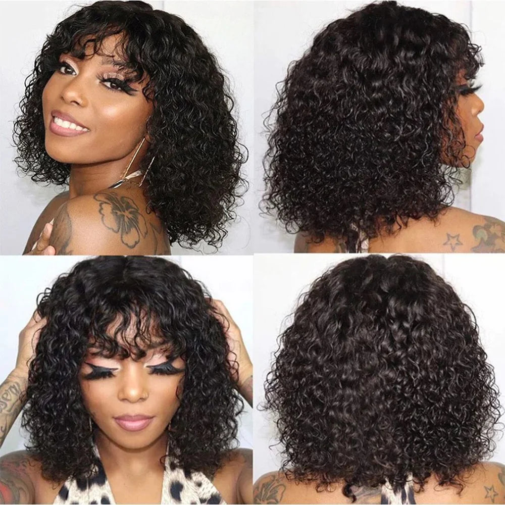 Curly Bob Wig With Bangs Short Bob Curly Wig for Women Natural Color Brazilian Human Hair Deep Wave Bob Wig With Bangs 16 Inch