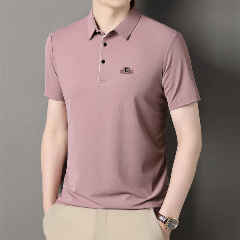 New Men's Business Casual Short Sleeved Shirt with Badge Solid Color Polo Shirt Fashionable Breathable Comfortable Versatile Top