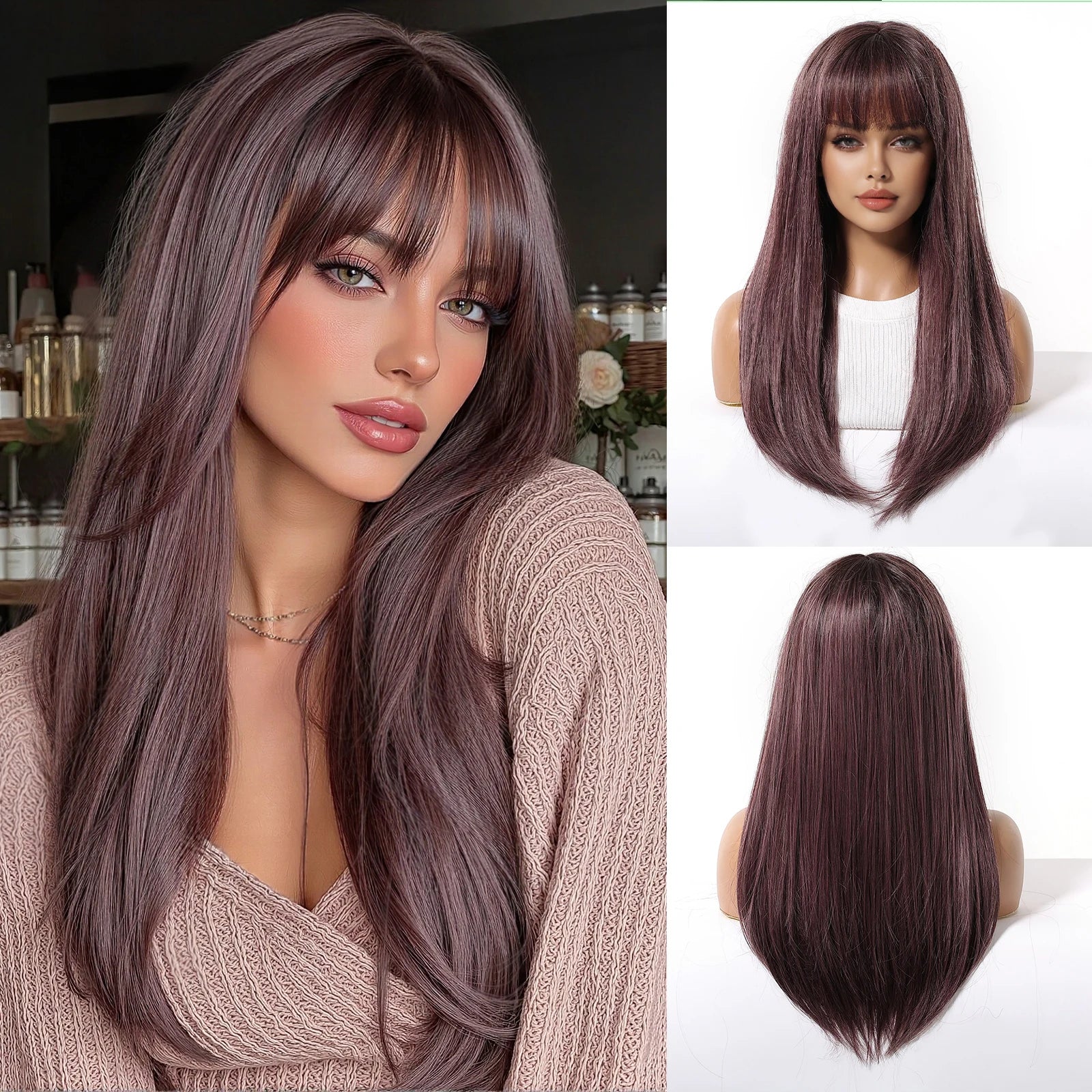EASIHAIR Purple Synthetic Wigs for Women Long Straight Layered Hair Wigs With Side Bangs Ombre Purple Black Wigs Heat Resistant