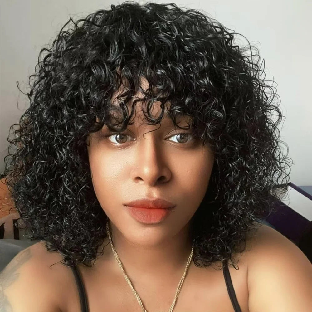 Curly Bob Wig With Bangs Short Bob Curly Wig for Women Natural Color Brazilian Human Hair Deep Wave Bob Wig With Bangs 16 Inch