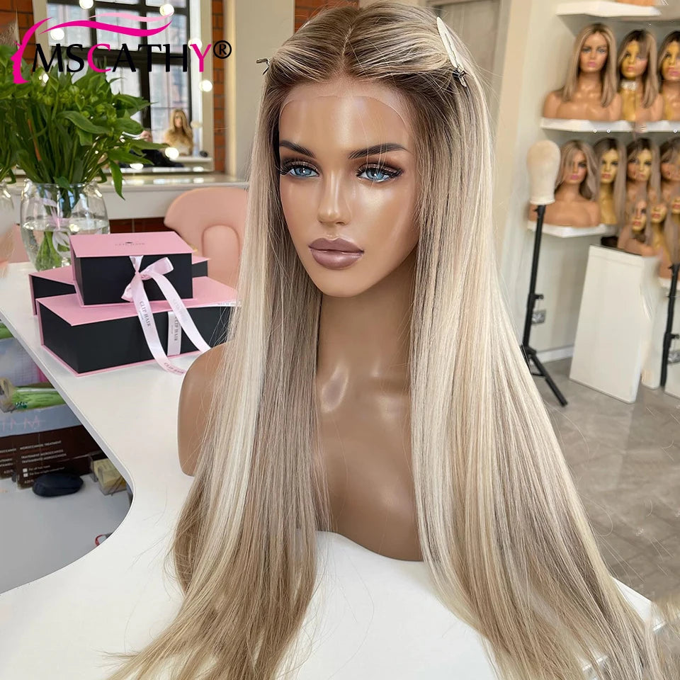 250% Glueless Ash Blonde Colored Ombre Human Hair Wigs For Women 13x4 Transparent Lace Frontal Wig Straight 13x6 Wigs Preplucked