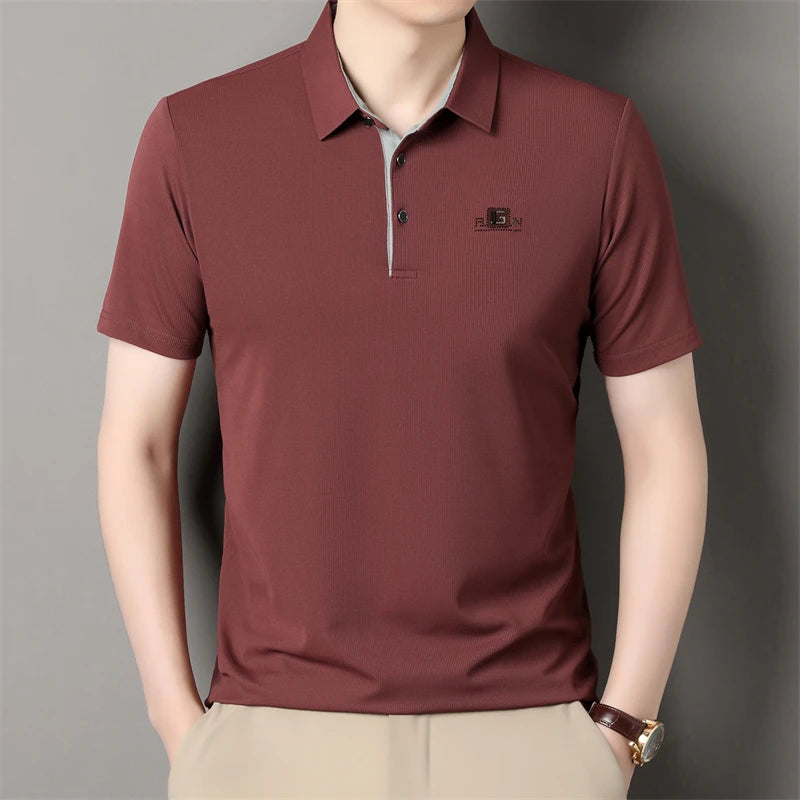 New Men's Business Casual Short Sleeved Shirt with Badge Solid Color Polo Shirt Fashionable Breathable Comfortable Versatile Top