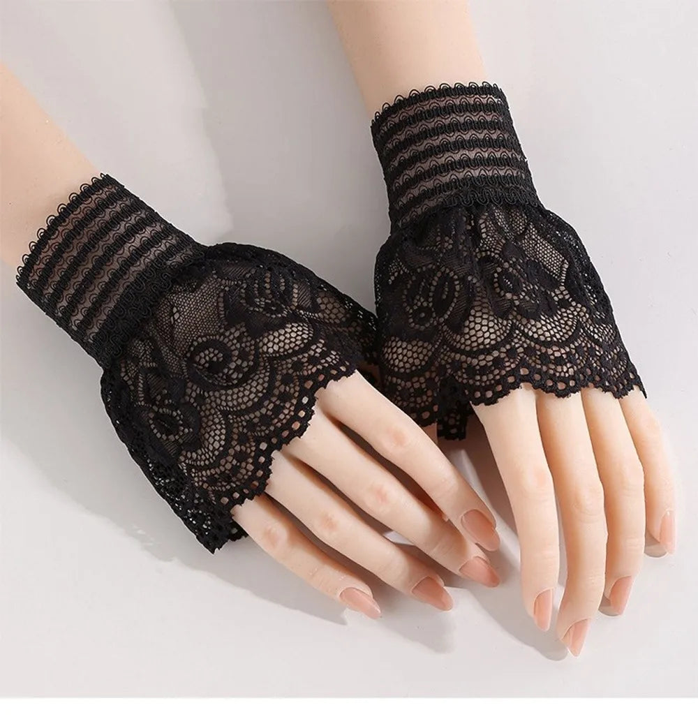 1 Pair Versatile Elegant Fake Cuffs Embroidery Pattern Detachable Lace Sleeves Solid Color Thin False Cuffs For Women