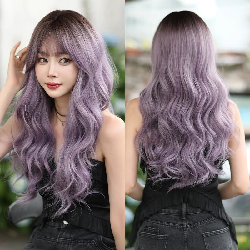 7JHH WIGS Body Wavy Wig Long Loose Curly Brown Wig for Women Daily Use High Density Synthetic Layered Hair Wigs with Bangs