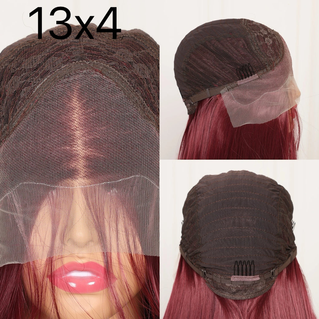 Short Bob Cut 99J Red Burgundy Color Straight 13X4 Lace Front Synthetic Wig For Women Prepluck Bleach Knots Cosplay Daily Party