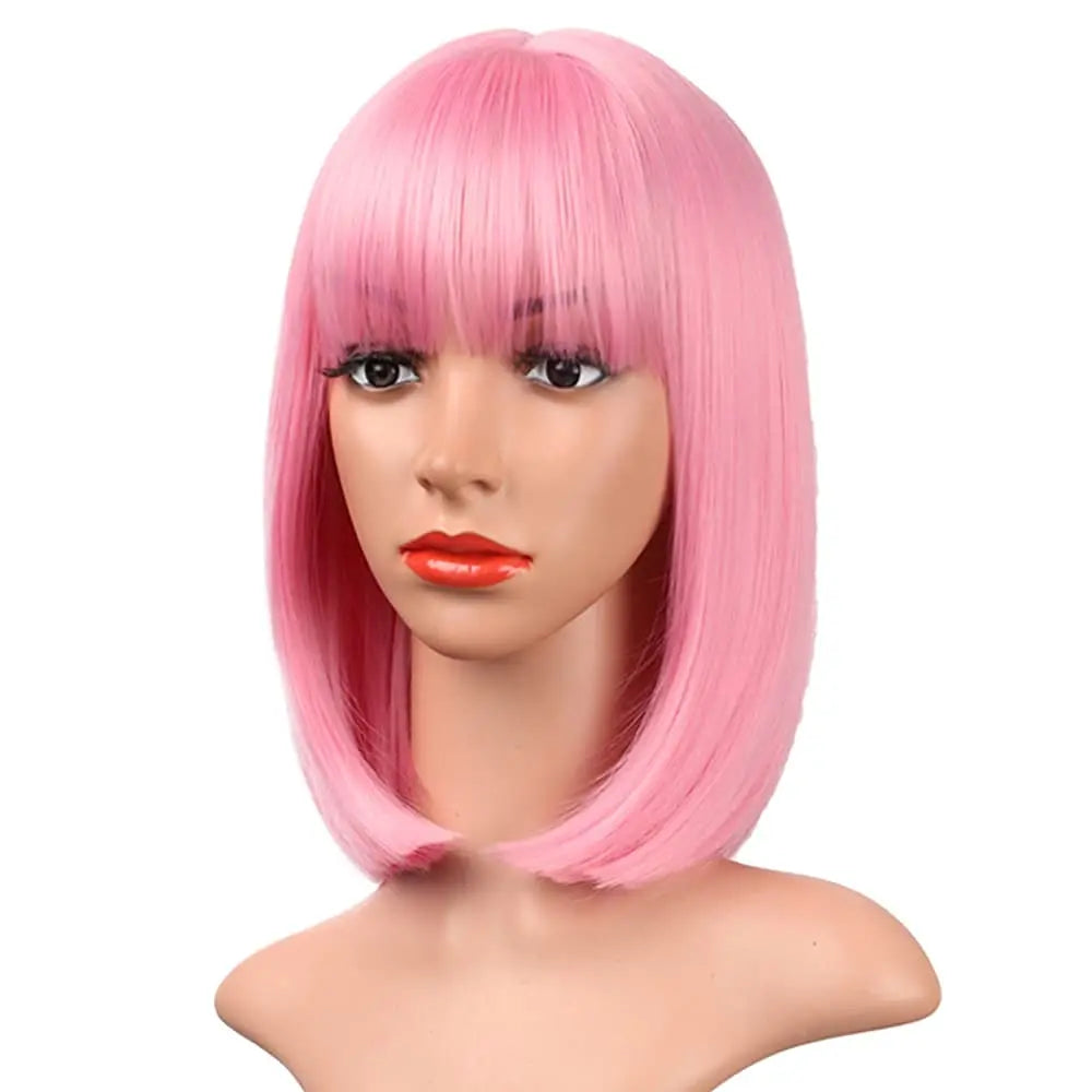 12-inch pink short straight hair synthetic wig for cosplay, pompadour hairstyle, daily high-temperature hair wig