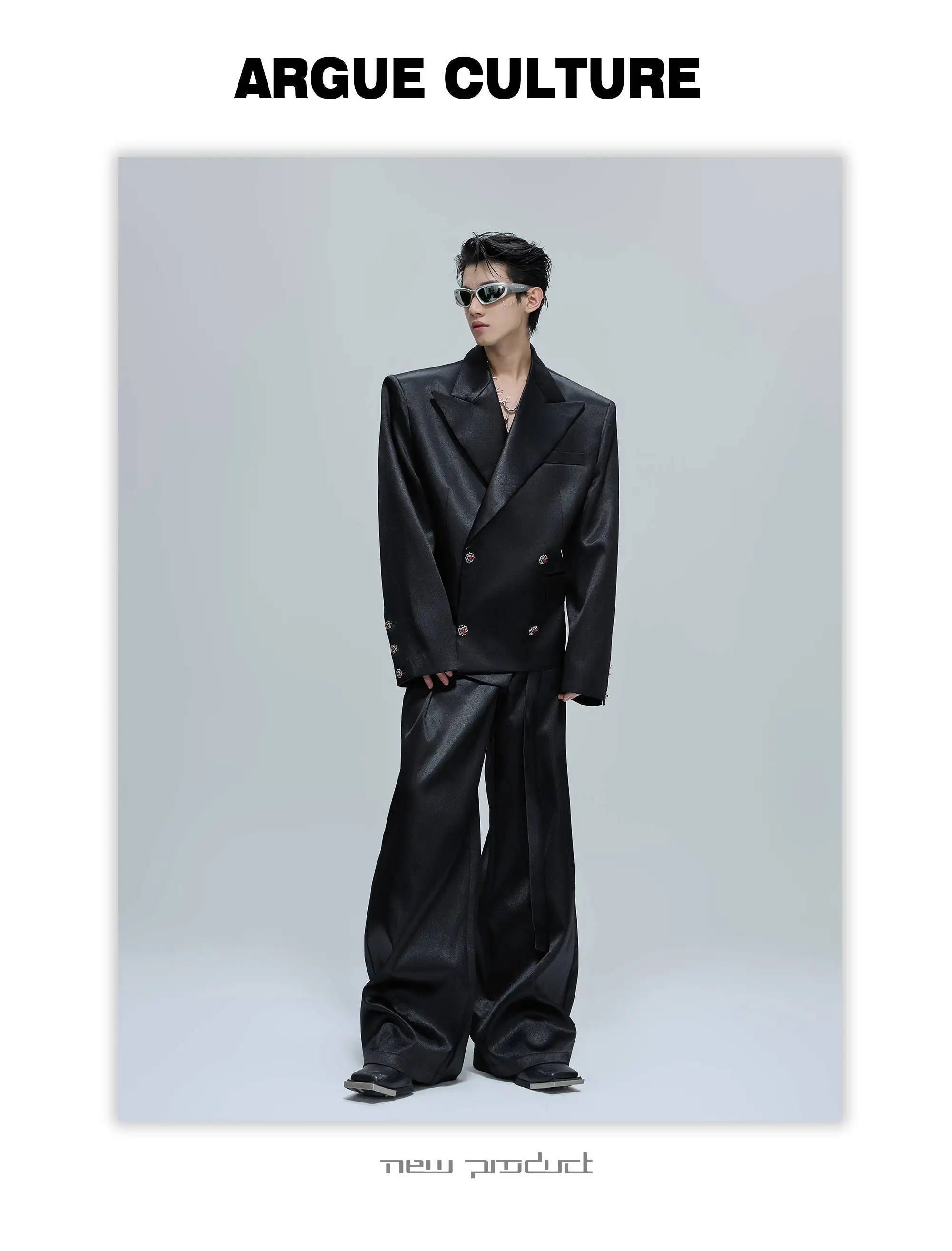 FEWQ Niche Design Men's Suit Sets Lapel Double Breatsed Silhouette Glossy Blazers Wide Leg Belt Chc Button Male Trousers 24K6098